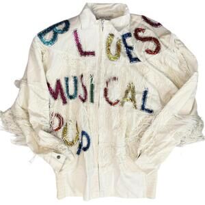 BONNIE BOERER sequin music fringe jacket vintage 80s zip front white cotton